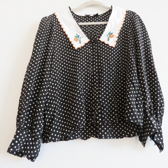 RIXO Lila 100% Silk Polka Dot Floral Embroidered Bib Collar Blouse Cottage Sz S - Picture 10 of 16